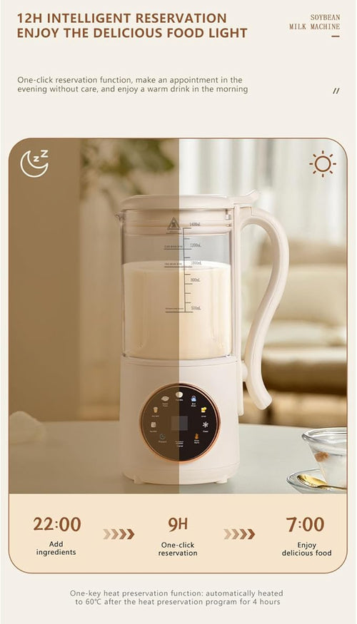 1.4L Multi functional soymilk maker SUS and ABS material 600W with Timer Automatic Almond Milk Machine Insulation Function for Various Non Dairy Beverages (US Plug 110V)