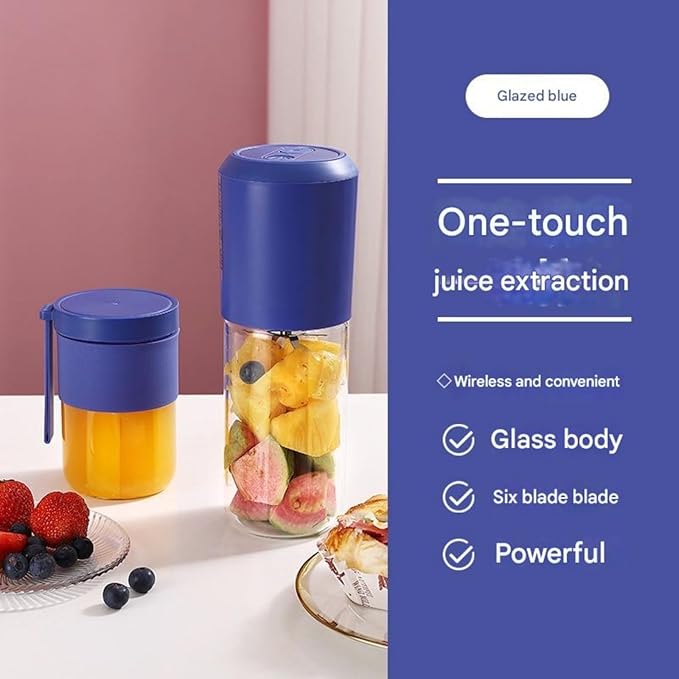 400ml glass juicer | 1500mAh long battery life 40s fresh juice | 304 steel blade with six blades for crushing ice | portable for home office and outdoor use (blue2)