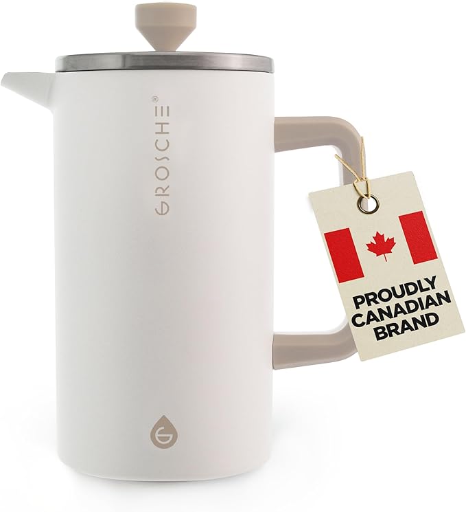 GROSCHE Dub'lin Stainless Steel Coffee Maker French Press 8 Cup | 34 FL Oz Coffee Press 18/8 Double Walled Stainless Steel French Press Coffee Maker - Hot/Cold Brew | Stainless French Press - WHITE