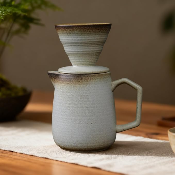 Stone Ceramic Pour Over Coffee Maker Beige 20 Fl Oz Capacity 3.5 In Filter Cup Vintage Style Enhances Flavor
