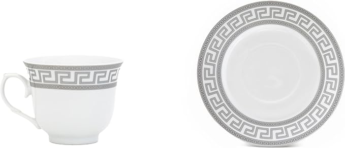 Dinnerware Set for 4 - Silver on White Fine Porcelain 20 piece Tableware Setting for Every Day and Formal Occasions with Cups and Saucers