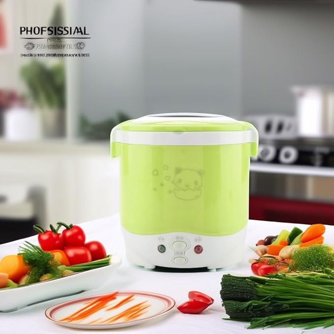 Mini Rice Cooker Steamer 12V 100W 1L Electric Travel Rice Cooker Small Box Multi-function Cooking Steaming Lunch Box for Cars Home Office School Cook Raw Food(Green)