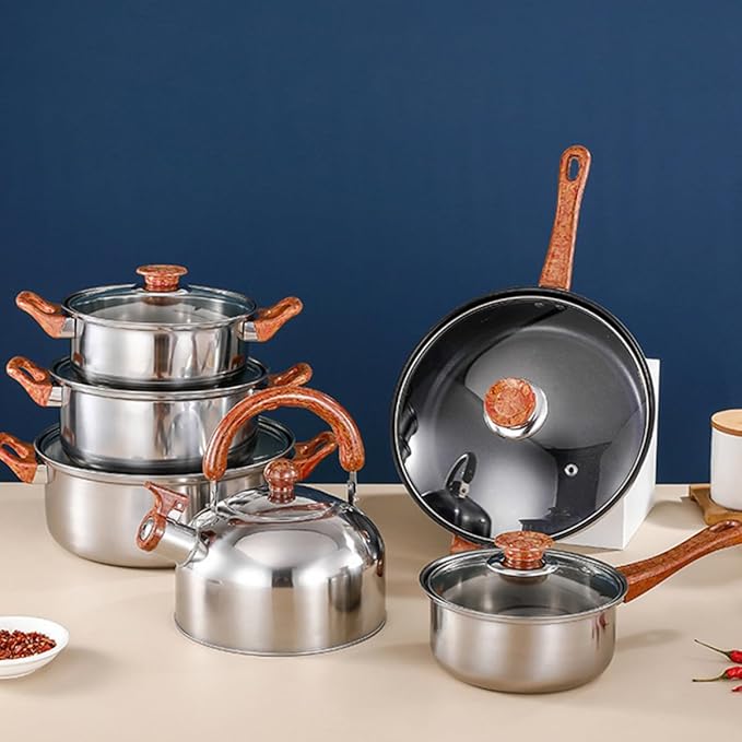 12-Piece Stainless Steel Cookware Set Flat Bottom Frying Pan Soup Pot Milk Pot and Kettle Dishwasher Safe Induction Compatible Thickened Design for Home Cooking