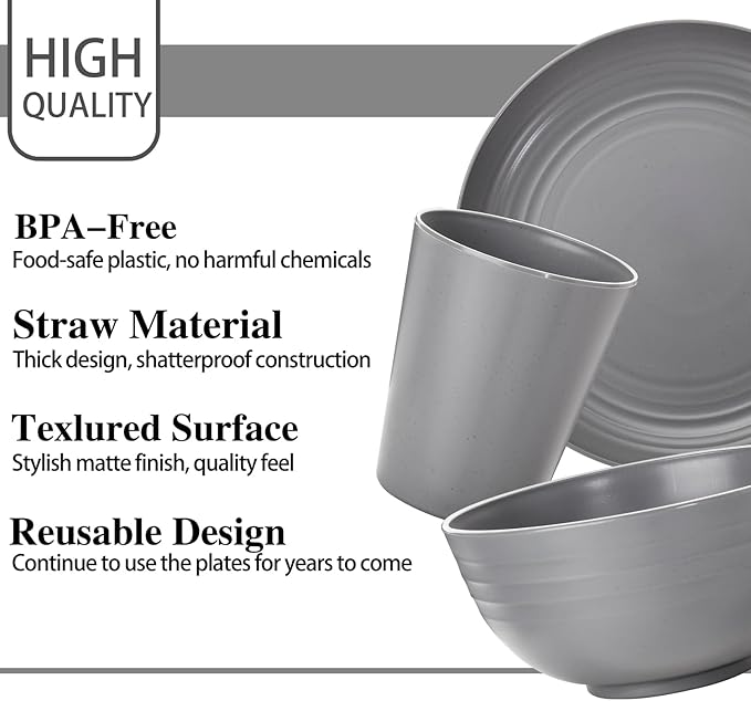 LIYH 28 Pcs Dark Grey Plates and Bowls Dinnerware Sets Dish Set for 4 Unbreakable Reusable Plate Wheat Straw Plates and Bowls Apply to Kitchen &amp Camping