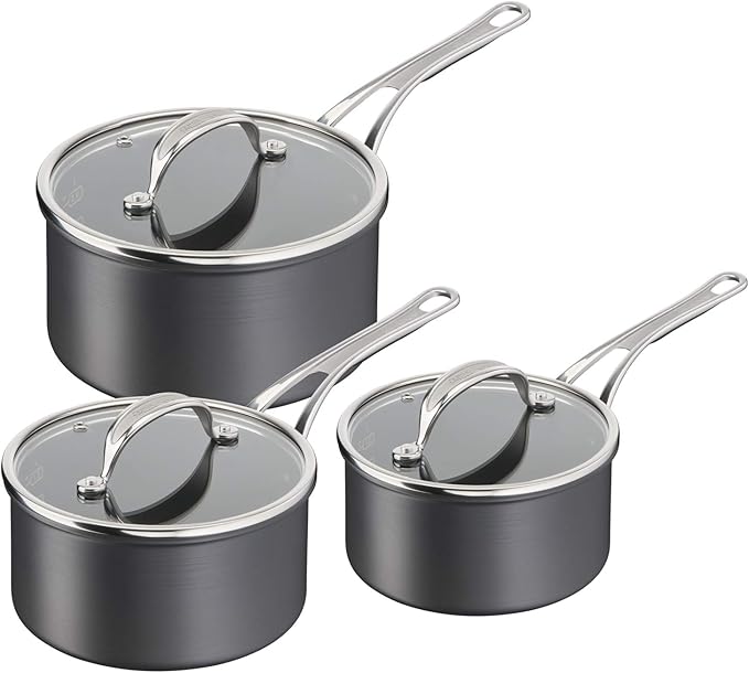 Jamie Oliver by Tefal Cook’s Classics Saucepan Set 3-Piece – Hard Anodised Aluminium Non-Stick Glass Lids Riveted Handles Oven-Safe Induction Compatible – H912S344