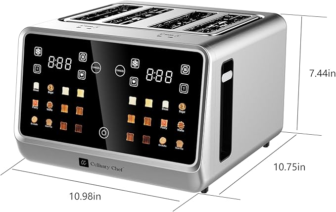 MAGNAVOX HOME Culinary Chef 4 Slice Smart Toaster Touchscreen Wide Slots- Bread English Muffins Croissants and Bagels 5 Adjustable Toast Settings Cancel/Defrost 6 Bread Types &amp Shade Sett