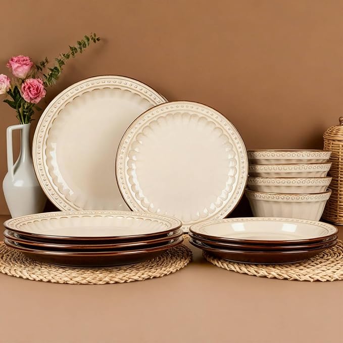 Dinnerware Set Cream White 12 Pieces Service for 4 Stoneware Plates and Bowls Set Stoneware Set Dishwasher Microwave Safe Dishes set