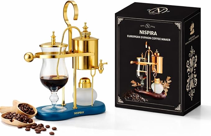 Nispira Belgian Balance Syphon Vacuum Coffee Maker 500ml Vintage Gravity Brewing System Gold &amp Peacock Blue Finish Manual Tabletop Coffee Brewer