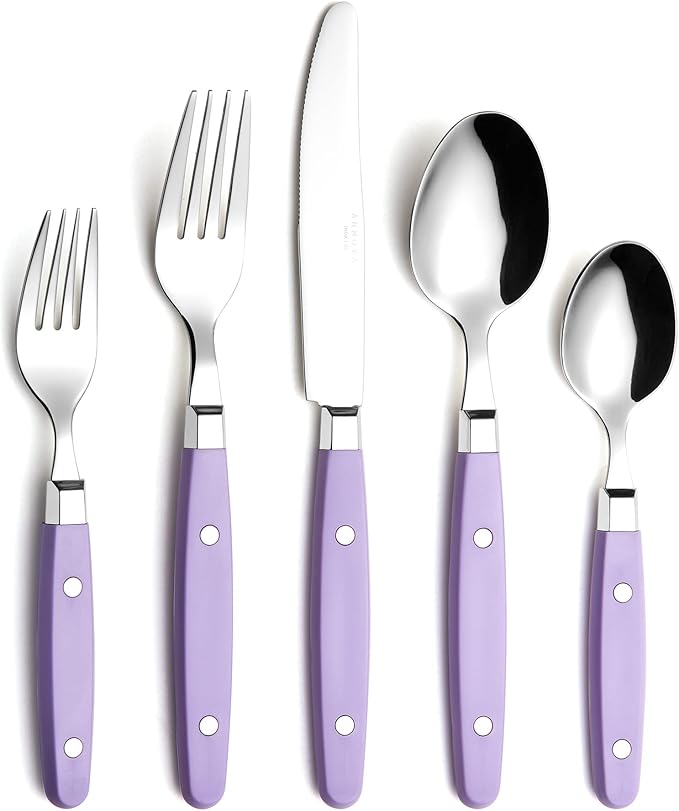 ANNOVA Silverware Set Retro/Rivet Colorful Stainless Steel Tableware Kitchen Flatware Set Utensils Includes Dinner Knives Forks Spoons Salad Forks &amp Dessert Spoons (Lilac 20 Pieces)