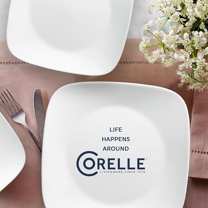 Corelle Vitrelle 18-Piece Service for 6 Square Dinnerware Set Triple Layer Glass and Chip Resistant Lightweight Square Plates and Bowls Set Pure White