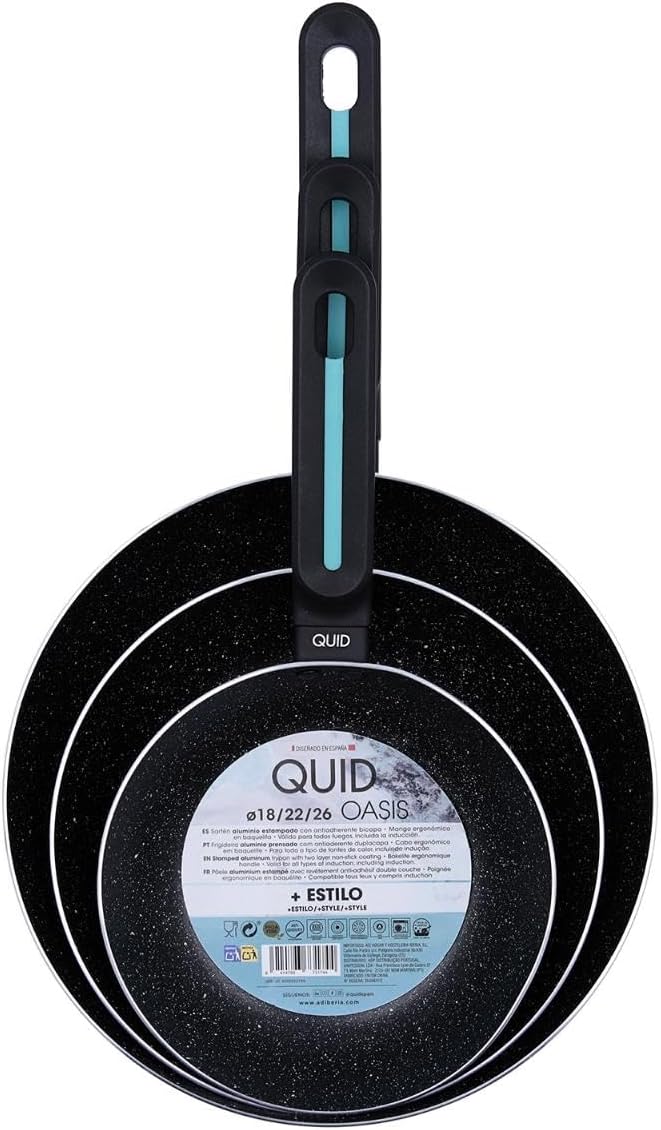 Quid Oasis Set of 3 Pressed Aluminium Frying Pans 18 – 22 – 26 cm Aluminium Suitable for Hob Ceramic Suitable for Induction