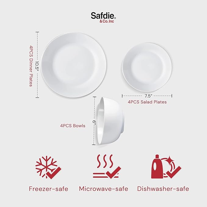 Pemberly Row Porcelain Dinnerware Set 12-Piece Plain White Round Rim Aspen Design Includes Dinner Plates Salad Plates Bowls Lightweight Stackable Microwave &amp Dishwasher Safe Chip Resistan