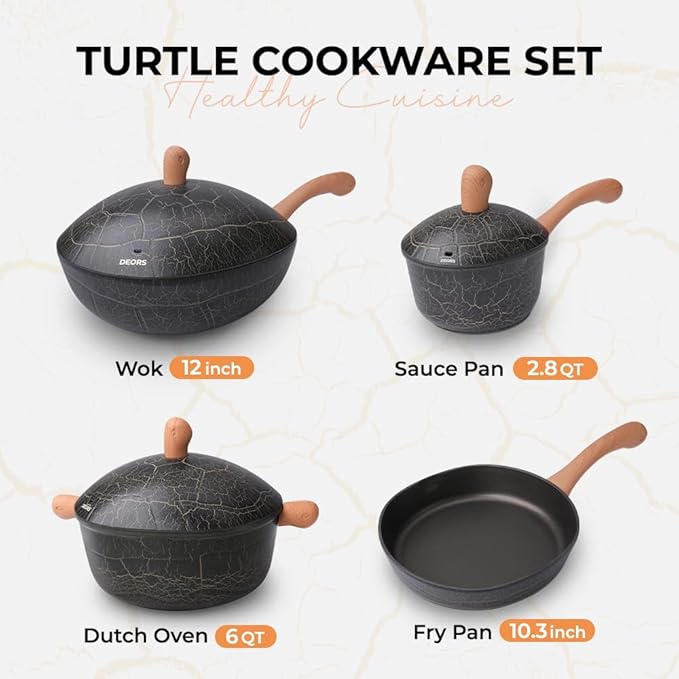 Bionic Turtle Design Nonstick Cookware Set (7 Pcs)- Wok Fry Pan Sauce Pan &amp Dutch Oven with 3 Lids Non ToxicPFAS &amp PFOA Free Compatible with All Stovetops Durable Cookware for Home Cooki