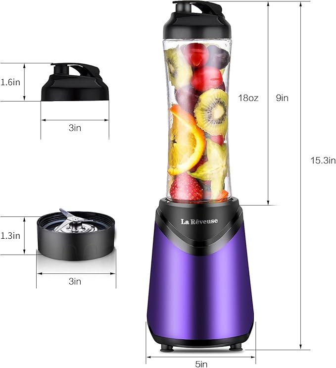 La Reveuse Smoothie Blender Personal Size 300 Watts with 2 Pieces 18 oz BPA-free Travel Sports BottlesPurple