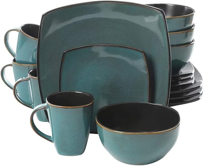 16 Piece Square Two-Tone Stoneware Dinnerware Set For 4 | Reactive Glaze FinishDishwasher &amp Microwave Safe Expertly Crafted | Perfect for Kitchen Dining Durable Teal/Black Shade Modern Appearanc
