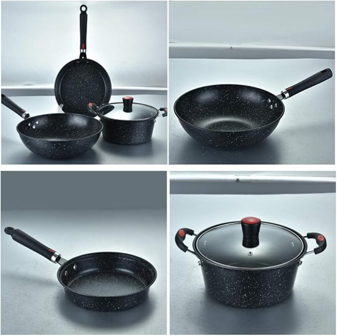 3 Pieces Pan SetsThere are Soup Pots WokFrying Pans Made of Thick Iron Non-Scalding Handles Suitable for Various Stoves Easy to Clean Stone Set