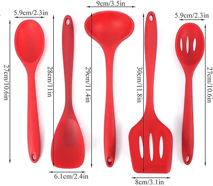 Silicone Heat Resistant Non Stick Kitchen Spatula Spoon Cooking Baking Tools Kitchen Utensils Gadgets Tool Set(Red 5pcs)