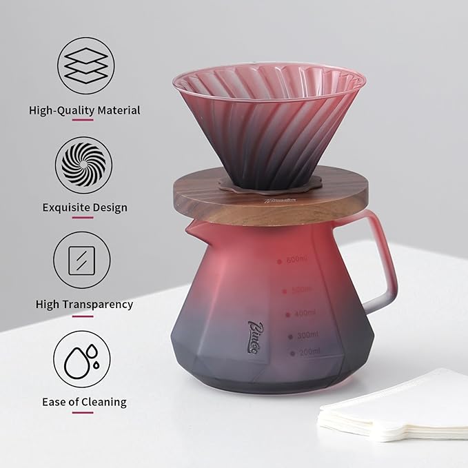 Bincoo Pour Over Coffee Maker Set - Borosilicate Glass Dripper with Walnut Handle &amp Glass Lid 50 pcs Paper Filters Included