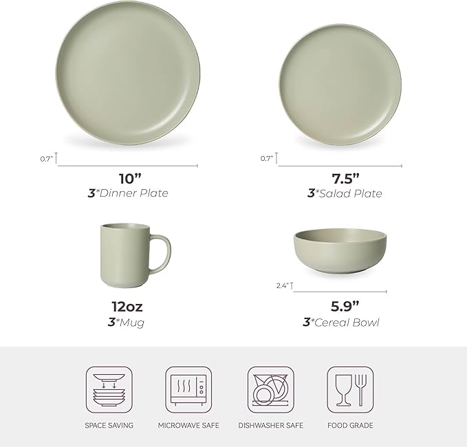 12-Piece Matte Green Dinnerware SetStoneware Dinnerware for 3 Microwave &amp Dishwasher Safe Stackable Design for Kitchen and Dining - PlatesBowls and Mugs