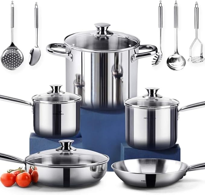HOMICHEF 14-Piece Nickel Free Stainless Steel Cookware Set - Nickel Free Pots and Pans Set - Non-Toxic Healthy Induction Cookware