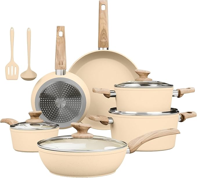 12-Piece Nonstick Granite Coated Cookware Set with Lids - Durable Kitchen Pots &amp Pans Set for Effortless Cooking