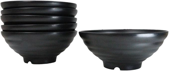 Ebros Gift Contemporary Ridged Matte Black Melamine Series Dinnerware Serveware Kitchenware Set Japanese Chinese Restaurant Supply (Pack Of 6 Round Ramen Soup Pasta Salad Bowls 40oz)