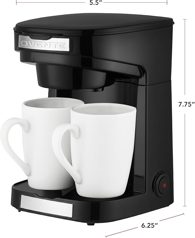 OVENTE Double Drip Coffee Maker with 2 Ceramic Mugs and Auto Shut Off Small Dual Drip Coffee Maker Machine Works with Ground Coffee Only Compact Kitchen or Office Essential Black CMDD2MB
