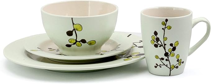 Elama RETROBLOOM Retro Bloom 16 Piece Luxurious Stoneware Dinnerware with Complete Setting for 4 16pc Green