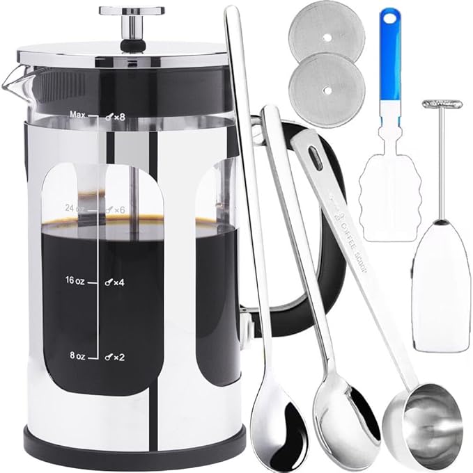 French Press Coffee Maker 8 cups 34 oz 304 Stainless Steel Coffee Press with 4 Filter Screens Easy Clean Heat Resistant Borosilicate Glass - Free 100% BPA… (Silvery-BO90893-SS 34 oz)