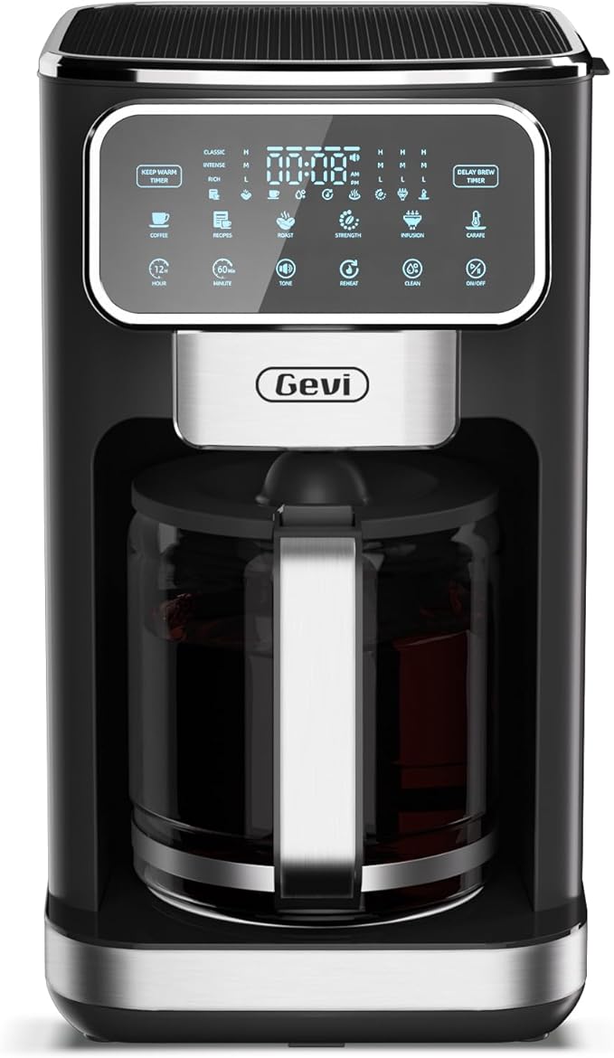 Gevi 12-Cup Programmable Coffee Maker with Touchscreen Strong Brew &amp Iced Coffee Options Auto Shut-Off 4-Hour Keep Warm Glass Carafe Anti-Drip System Permanent Filter Included