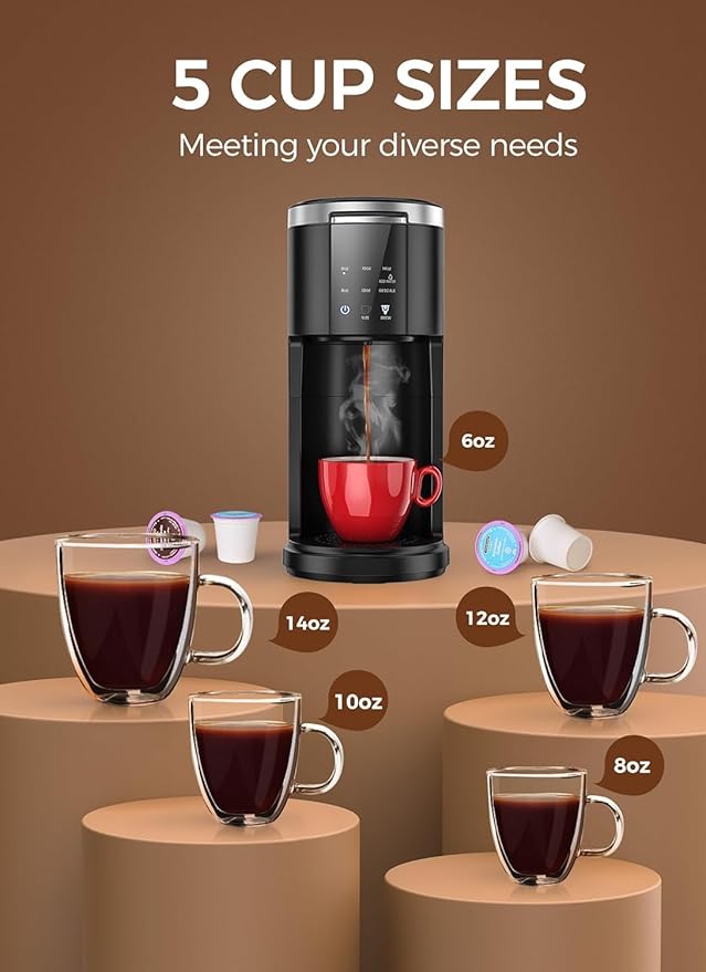 COWSAR Single Serve Coffee Maker 2 in 1 Coffee Capsule &amp Ground Coffee Brewer 40 Oz Removable Water Tank 5 Brew Sizes 6-14 Oz Self-cleaning Fast Heating Coffee Machine for Home Office