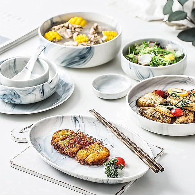 Classic Ceramic Dinnerware Sets Nordic Creative Plate and Bowl Set Marble Pattern Kitchen Kitchen Plate Set Dishwasher Microwave Safe 2 4 6 10 Dishware SetsMarble-12Pcs (Size:51Pcs)
