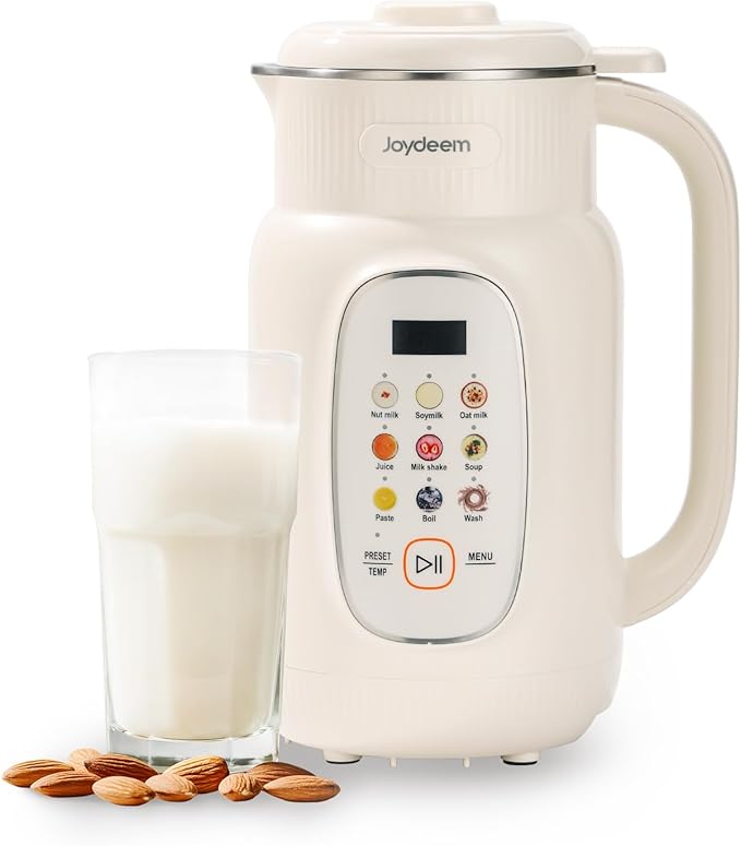 Joydeem Nut Milk Maker MachineAdjustable Temperature Control 46oz Almond Soy Oat Coconut Plant-Based Non-Dairy Beverage Blender with 10 Blades Auto Clean Boil Water Timer Keep Warm White