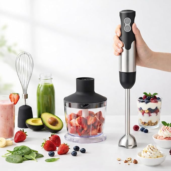 MEGAWISE HB-2062B 5-in-1 Hand Immersion Blender Set 800W Powerful Stick Blender with Turbo Mode Variable Speed Control Stainless Steel Blade Includes Whisk Milk Frother Chopper Bowl &amp Beaker