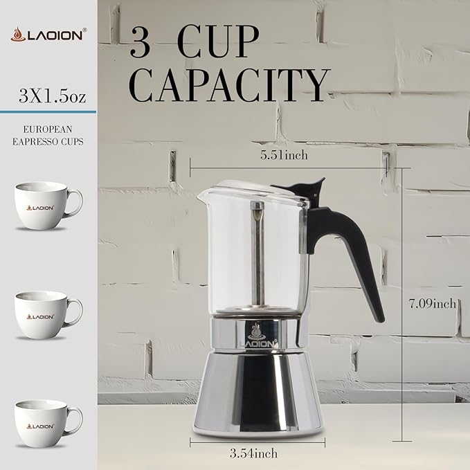 Stovetop Espresso Maker 3Cup 160ml Moka Pot Crystal Glass-top &amp Stainless Steel Coffee Maker Mocha Pot Greca De Cafe Cuban and Italian Coffee Maker for Cafetera Cubana