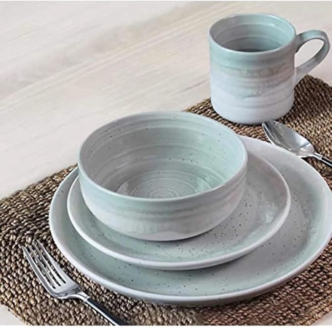 16 Piece Stoneware Dinnerware Set Mist Color Marble Dinner Set Dinner Plates Family Round Tableware
