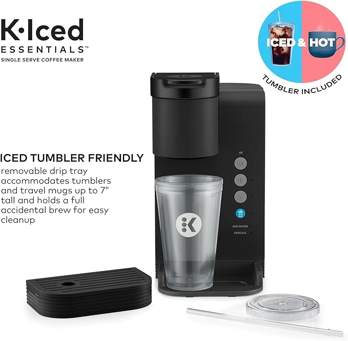 K-Iced Essentials Coffee Maker Single-Serve KCup Pod Brewer with Removable Reservoir and Auto-Off Energy Efficient Includes K Iced Tumbler Compact Black