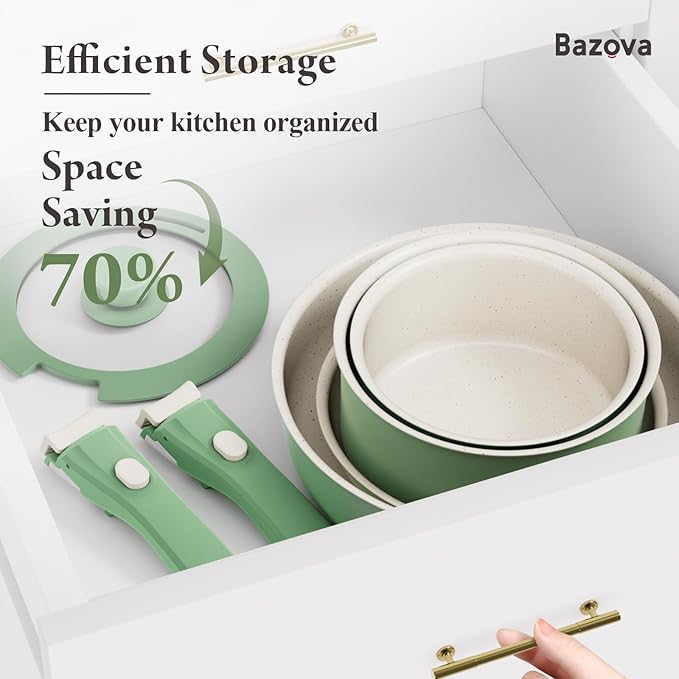 Ceramic Nonstick Cookware Set HealthyNon Toxic17-Pieces Pots and Pans Set Removable HandlesInduction RV Kitchen SetStain &amp Scratch-resistantDishwasher/Oven SafePFAS/PFOA FreeGreen
