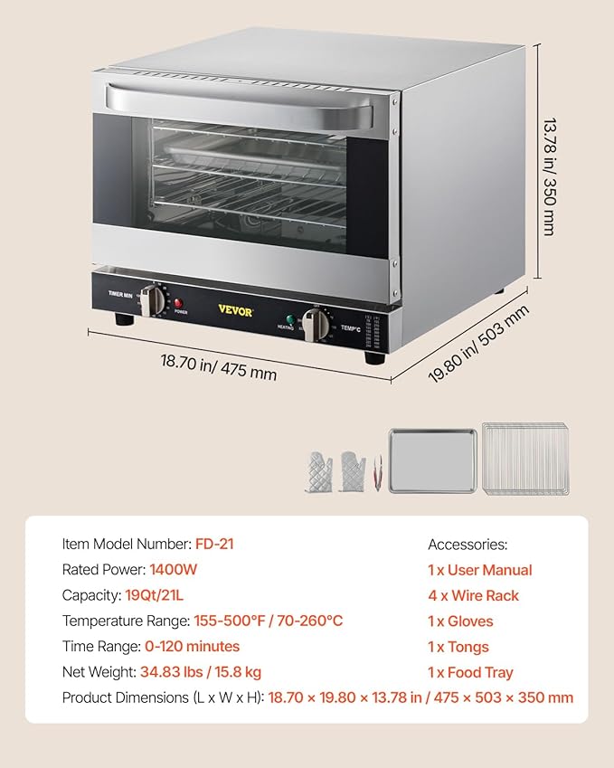 VEVOR Commercial Convection Oven 21L/19Qt Quarter-Size Conventional Oven Countertop 1440W 3-Tier Toaster w/Front Glass Door Electric Baking Oven w/Trays Wire Racks Clip Gloves 120V