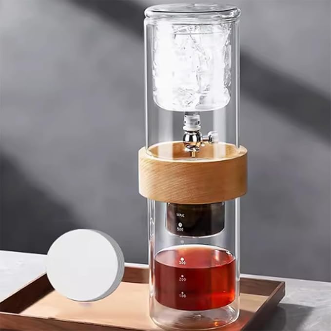 Double Layer Cold Drip Coffee Cold Brew Drip Tower 500ml Ice Cold Brew Dripper Coffee Maker with Flow Rate Regulating Valve High Borosilicate Glass for Coffee Shop Home Office