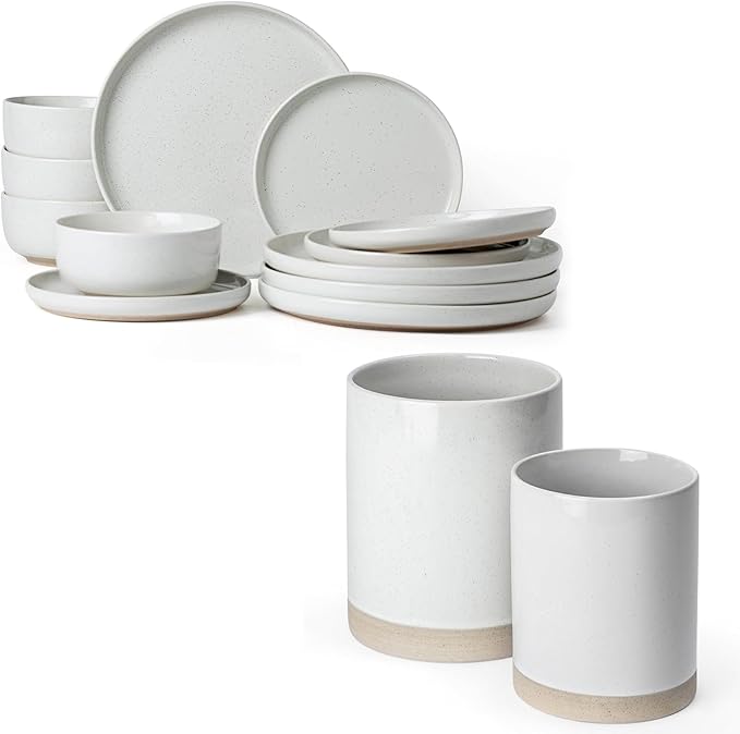 Famiware Milkyway Plates and Bowls Set of 12 and Kitchen Utensil Holder for Countertop Set of 2 14 Pieces Dinnerware Sets White