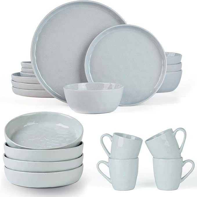 Famiware Mars 12-Piece Dinnerware Sets 4-Piece Pasta Bowls 4-Piece 14 oz Mug Set 20-Piece Stoneware Dinnerware Sets Light Gray