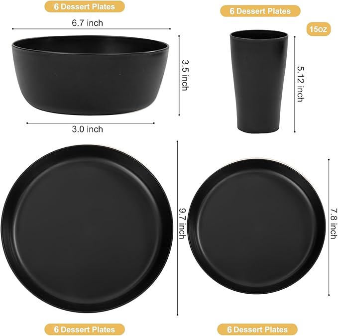 EI 24pcs Black Wheat Straw PlatesWheat Straw Dinnerware SetPlates and Bowls SetsReuasble PlateUnbreakable Dinner Plate Heavy Duty Plastic for Picnic Outdoor Activities Dormitory Kitchen