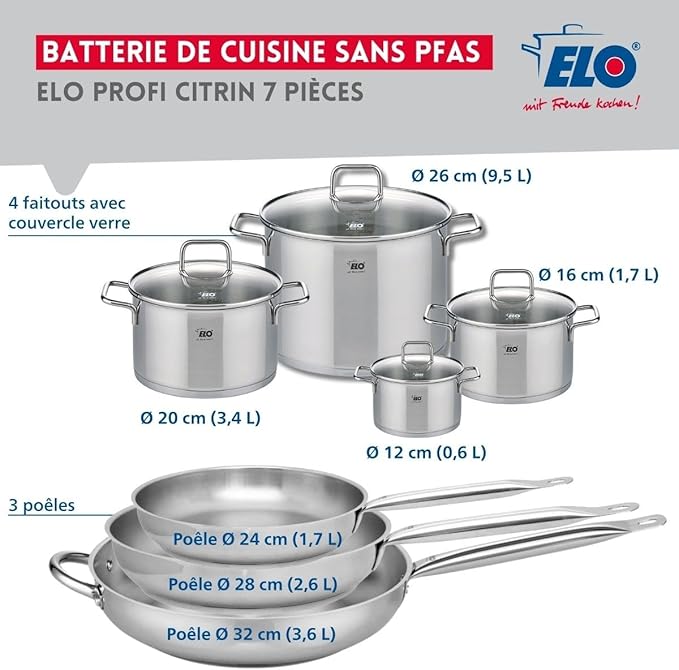 ELO 9513650 Cookware Set 7 Pieces 3 Frying Pans 24 28 and 32 cm and 4 Saucepans 12 16 20 and 26 cm Elo Profi Citrine Stainless Steel Induction