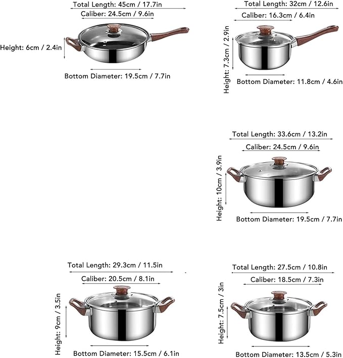 Woodgrain Pots Pans Set Stainless Steel Cookware Set Multifunctional Glass Phenolic Plastic Pots and Pans with Ergonomic Handle 6 Piece Cookware Set for Soup Frying Boiling