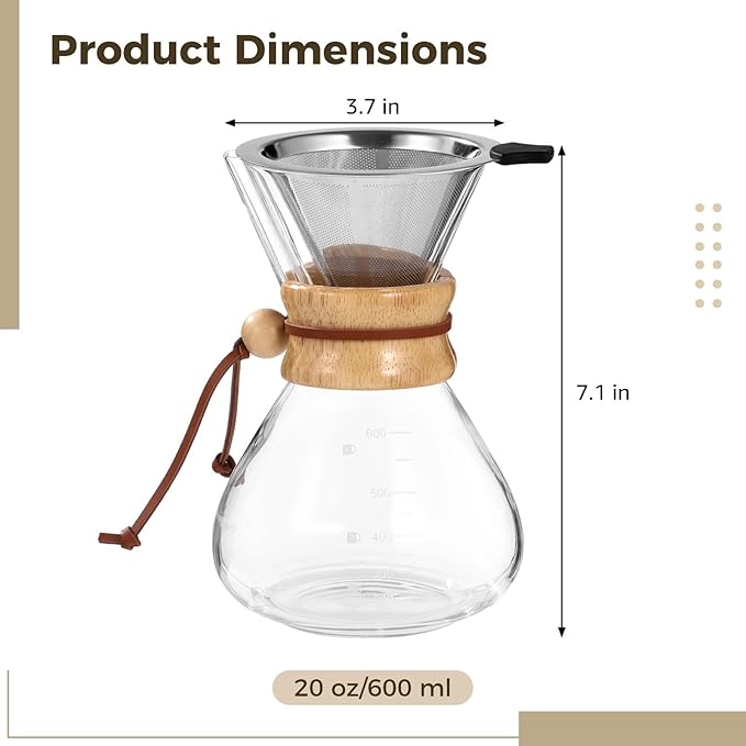 20 Oz Borosilicate Glass Pour Over Coffee Maker With Stainless Steel Filter Wood Collar Heat Resistant Carafe For Home Camping And Office Use