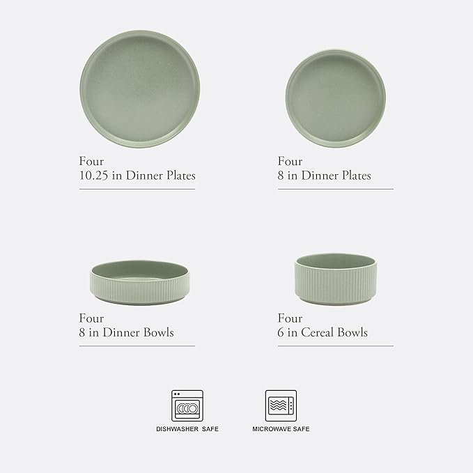 Gibson Elite Deerfield 16-Piece Stoneware Dinnerware Set – Matte Green Stackable Plates and Bowls Reactive Glaze Finish Service for 4 – Microwave &amp Dishwasher Safe