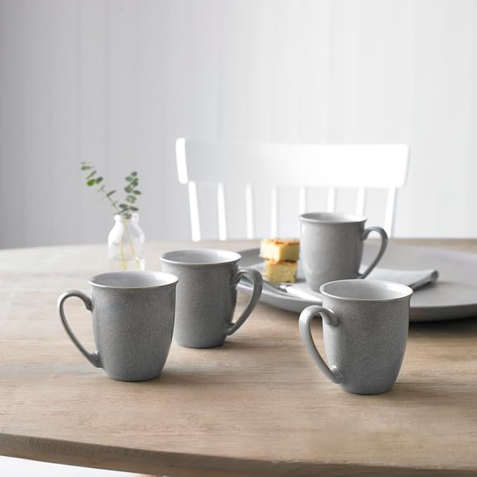 Denby - Elements 8 Piece Dinner Set For 2 - Light Grey Dishwasher Microwave Safe Oven Proof Plate &amp Bowl Set - 4 x Lunch Plates Dinner Plates Cereal Bowls &amp Coffee Mugs - Chip Resistant T