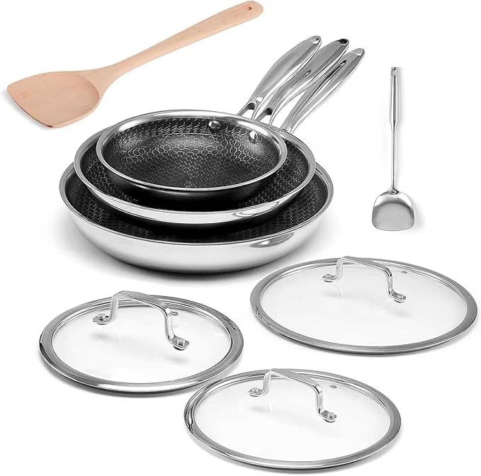 Non Stick Frying Pan Set 8 10 and 12-Inch Hybrid Non Toxic Fry Pan Skillet with Lids Dishwasher and Oven Safe Induction Ready Silver Kitchen Cookware set (8-Piece Set)
