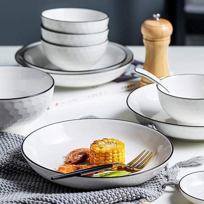 Dinnerware Set Plates and Bowls Sets 42 Pieces Black Line Stroke Porcelain Dinnerware Combination Set | Bump Texture Plates And Cereals Bowls Sets